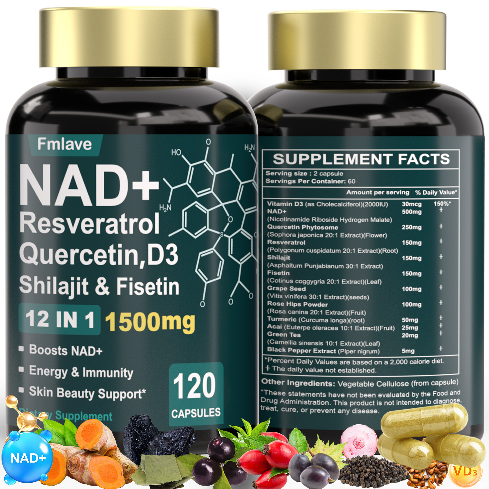 NAD+ Supplement 1500mg with Resveratrol | Cellular Health & Energy | 120 Caps US