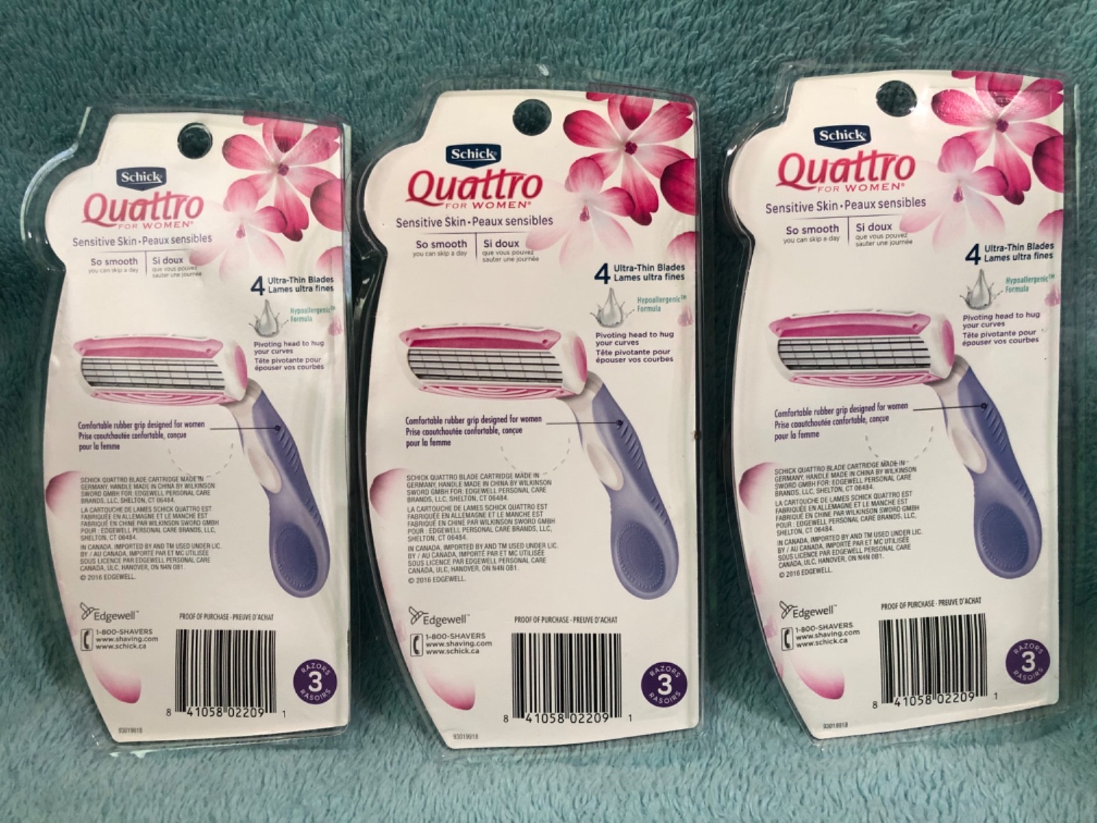 3 Schick Quattro For Women Sensitive Skin Disposable Razors 4 Blade 3 Razors