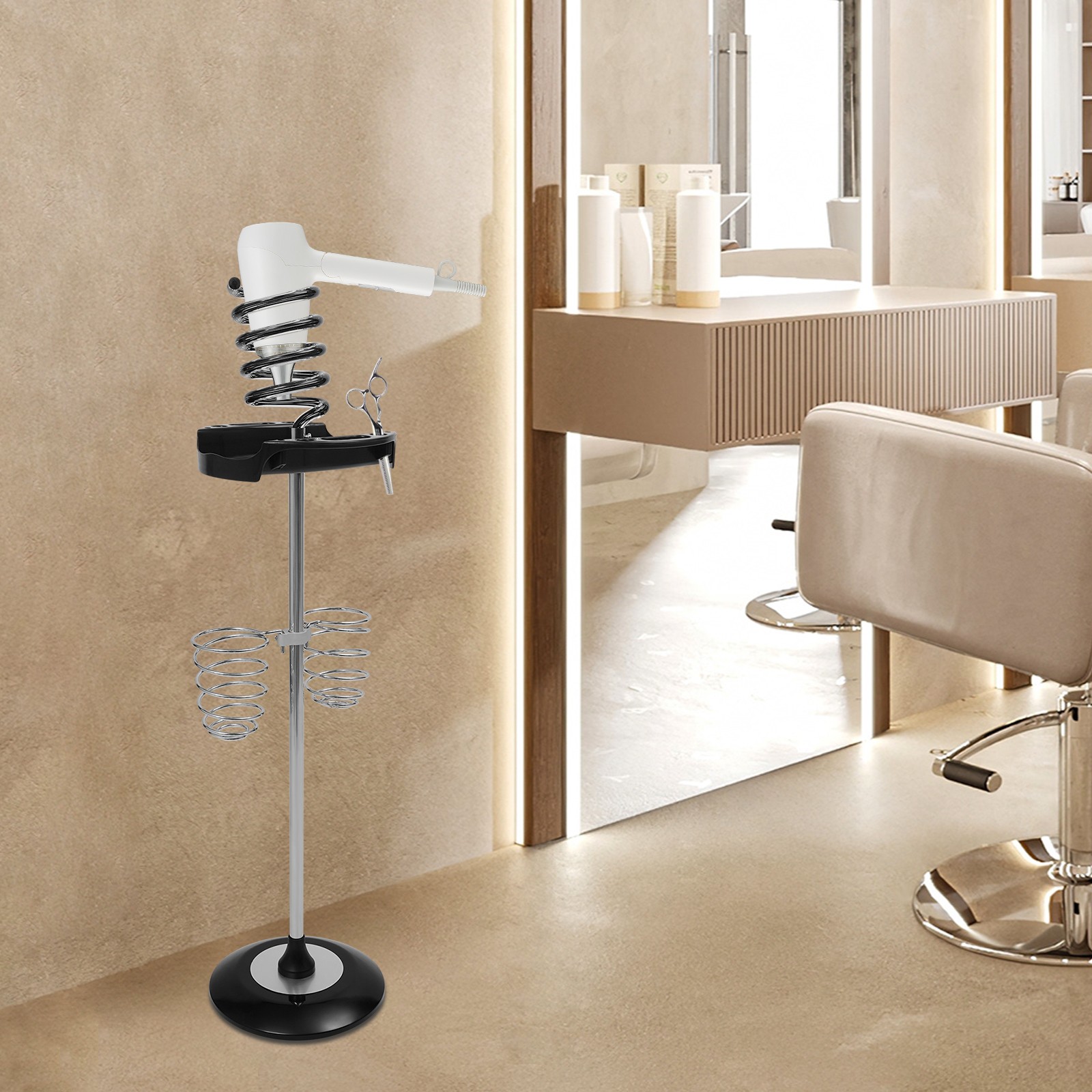 Hair Dryer Stand with Tray & Spiral Holders Freestanding Holder Hands-Free Black