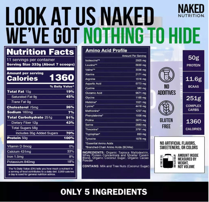 NAKED Chocolate Mass Gainer Protein Powder, 8 lb, 1,360 Calories