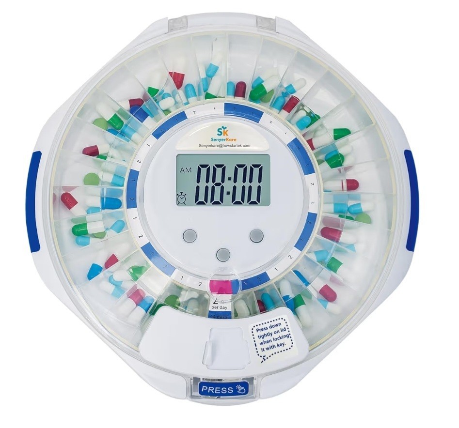 Senyerkare Bluetooth Automatic Pill Dispenser, Lock Compartment, Clear Lid