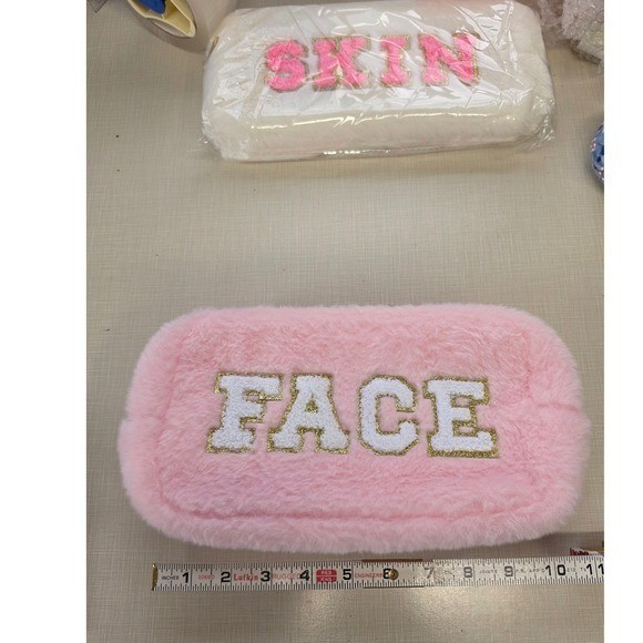 Faux Fur Chenille Letter Patch Makeup Bag Travel Pouch Set HAIR STUFF FACE SKIN