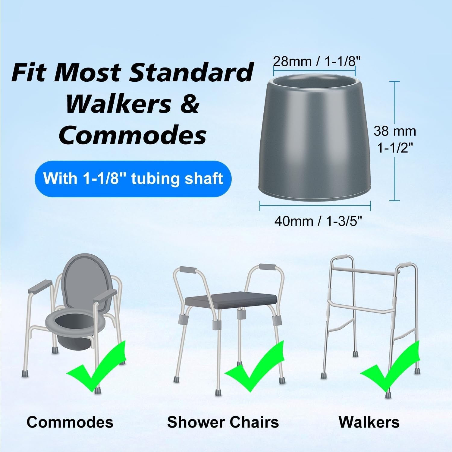 Pack of 4 Walker Tips 1 1/8in Rubber Non-Slip Replacement Feet w/ Metal Washer
