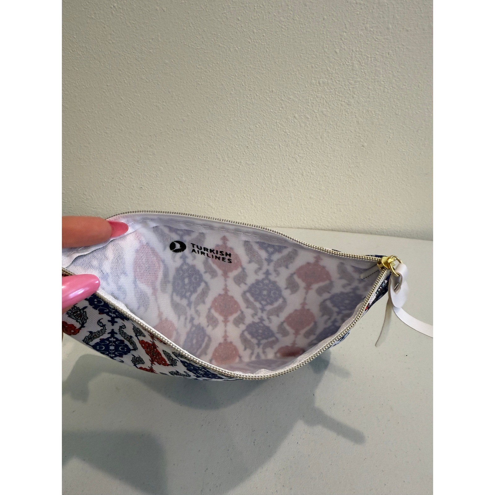 Turkish Airlines Amenity Pouch Red Blue Geometric Travel Cosmetic Makeup Bag
