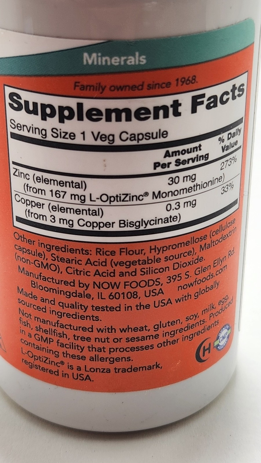 NOW L-OptiZinc 30 mg Immune Support 100 Veg Capsules Zinc Copper