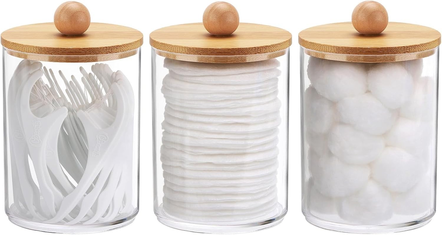 Sophisticated 10 Oz Clear Bathroom Organizers – 3 Pack with Dust-Proof Wood Lids