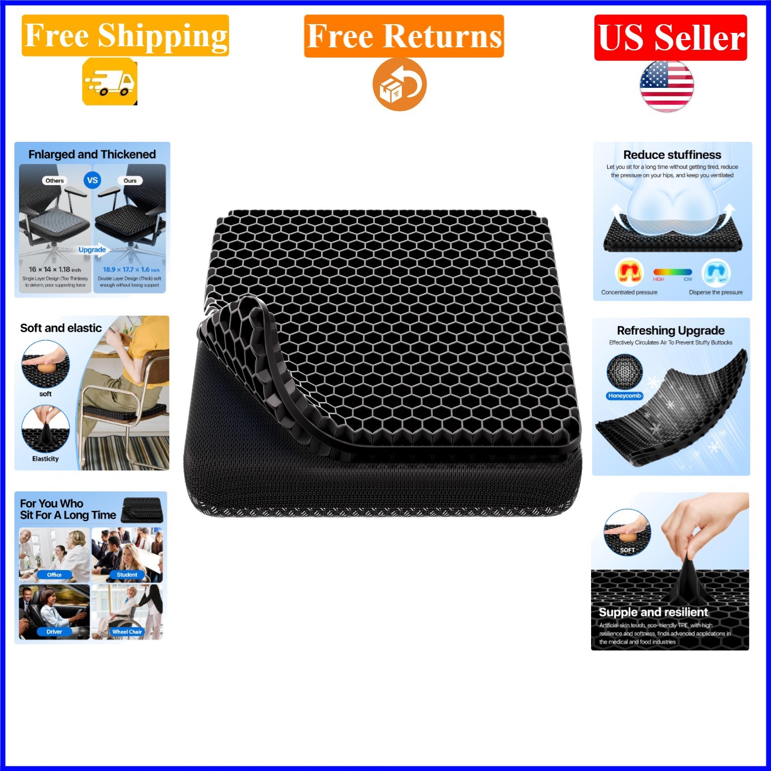 Black Gel Seat Cushion 18.9×17.7×1.6in, Breathable, Double-Layer Design