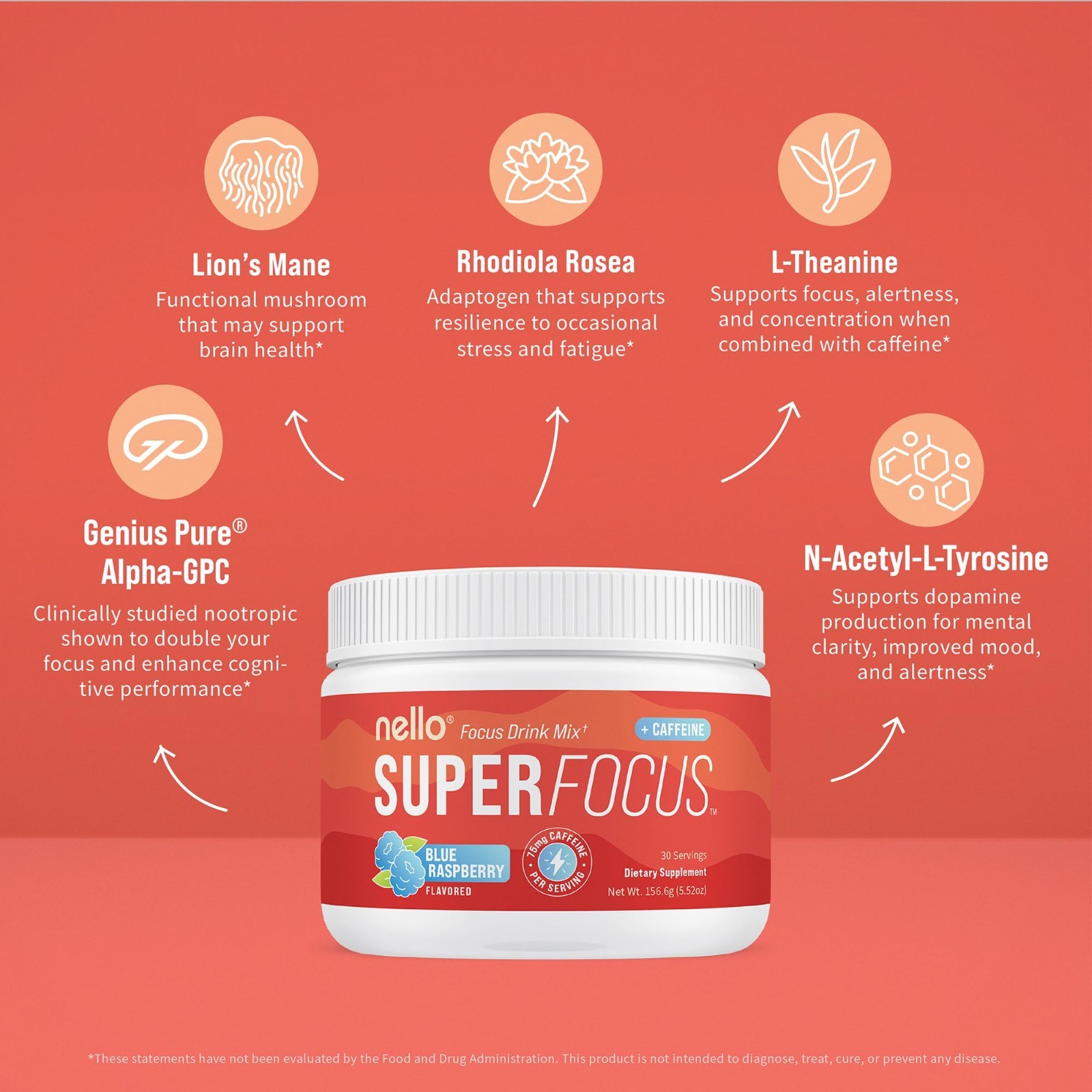 Nootropic Focus Drink Mix – Sugar-Free, L-Theanine, Rhodiola, Lion’s Mane, 30 Se
