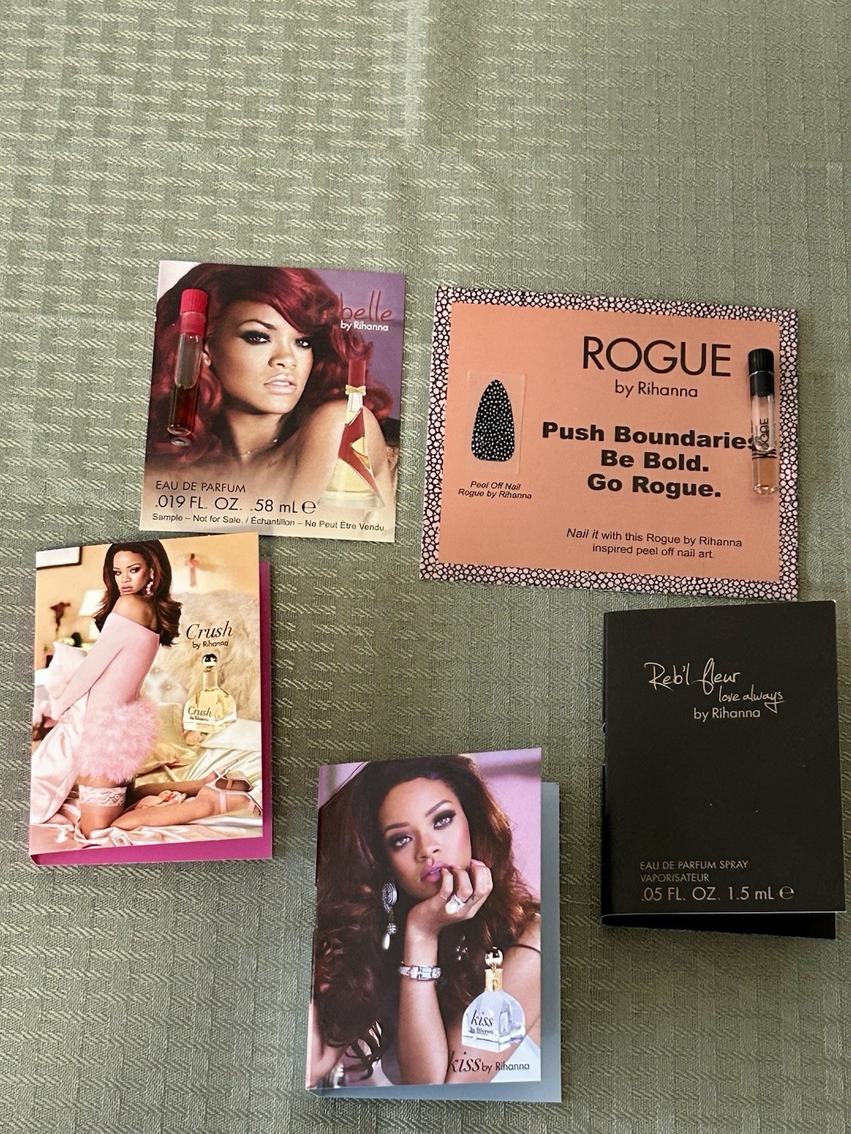 5 Rihanna Perfume Samples- Crush, Reb’l Fleur, Kiss, Rogue, Rebelle -NEW