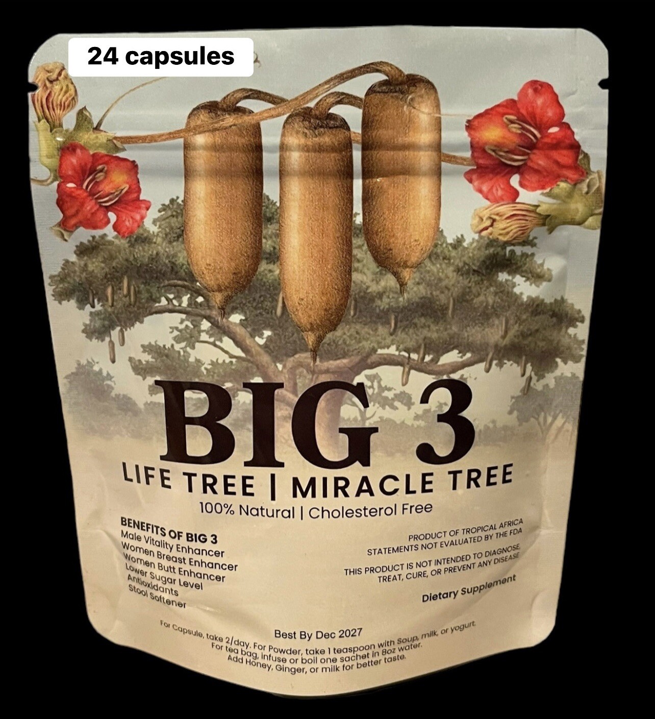 BIG 3 made of Kigelia Africana 100% Natural – Very High Potency – 24 Capsules