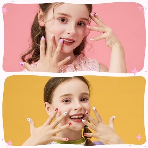 216pcs Press on Nails for Girls, 9 Colors 10 Sizes flower/dot/butterfly/fruit