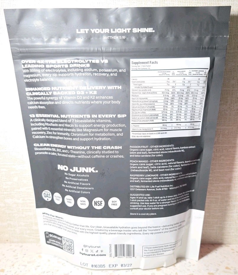 HyBurst Better Than Water Electrolytes Nutrients Drink Mix 15 Stick Packets 0327