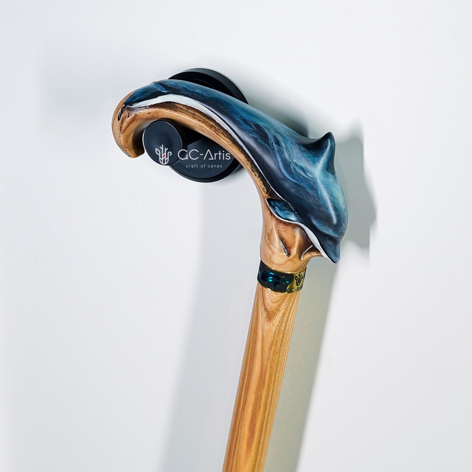 Dolphin Wooden Walking cane stick light Wood Carved Handpainted Cool Sea style