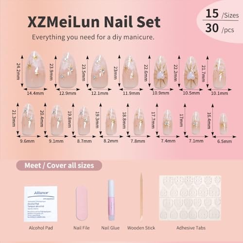 3D Boho Stars Gold Press On Nails Almond Medium 30 Pieces (Pack of 1) Q-1029