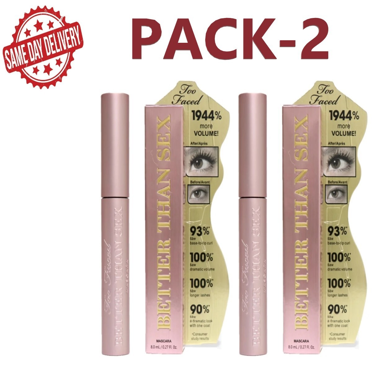 TOO FACED Better Than Sex Volumizing Mascara .27oz Full Size, (PACK- 2)