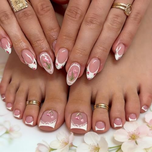 Press on Nails and Toenails Set – 48Pcs Medium Almond French Tip Fake Style-33
