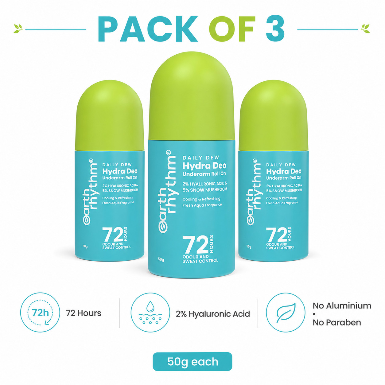 Earth Rhythm Aqua Fresh Cooling Underarm Roll On 50g Pack of 3 No Aluminium FS