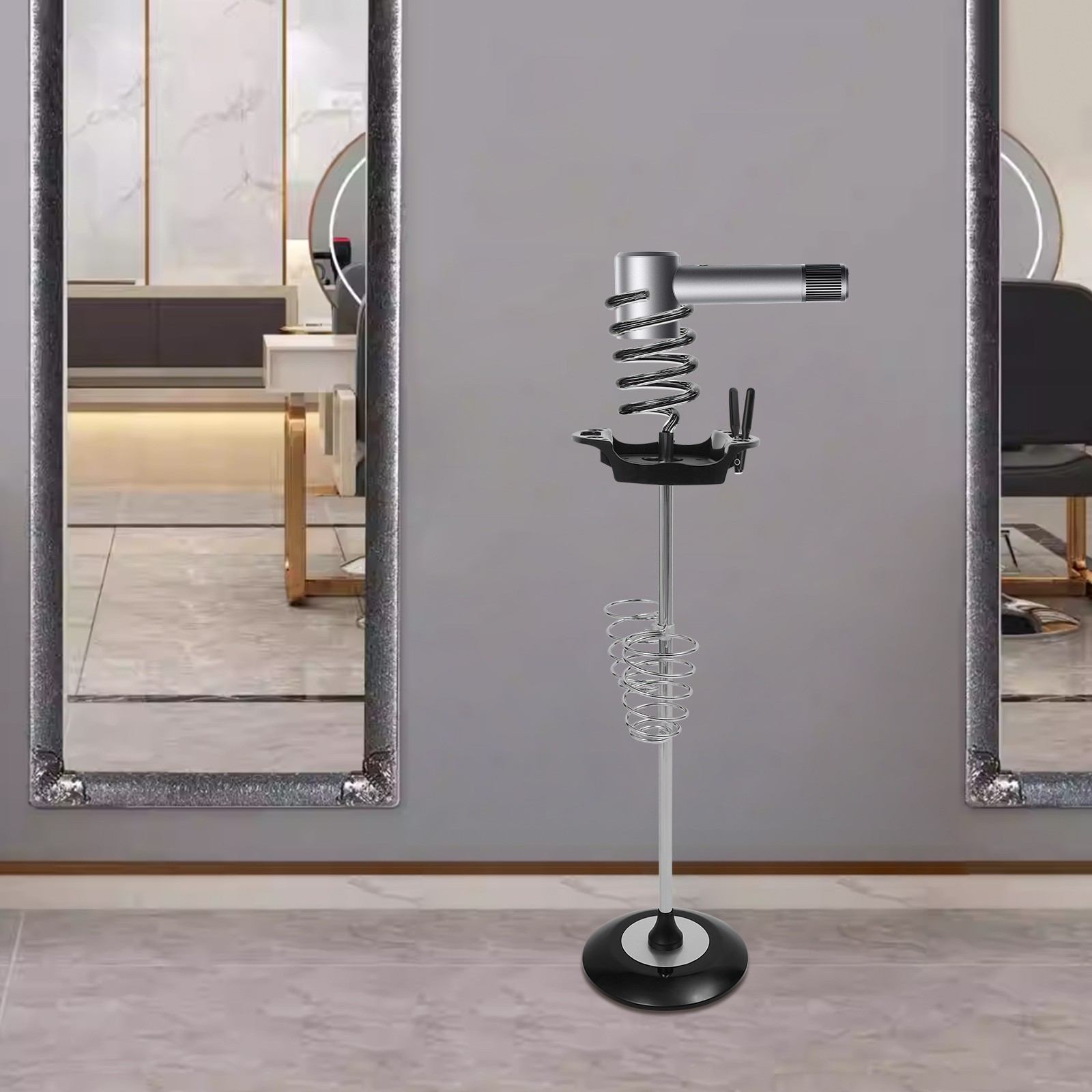 Hair Dryer Stand with Tray & Spiral Holders Freestanding Holder Hands-Free Black
