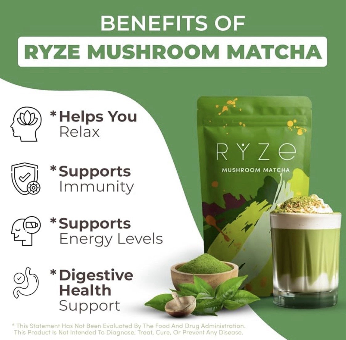 RYZE Superfoods Organic Mushroom Matcha – 30 Servings, 6.34 Oz Exp:06/07/2026