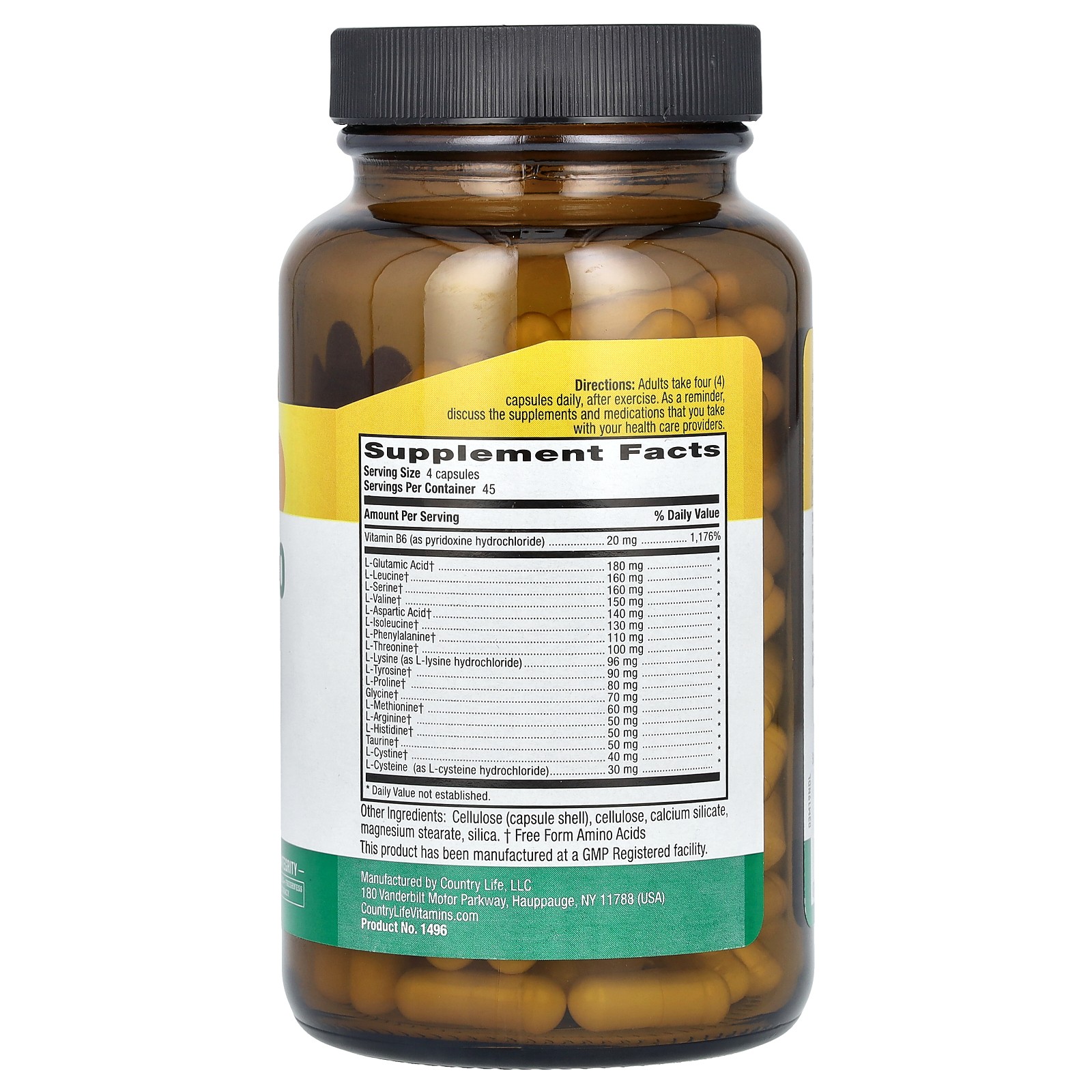 Country Life Max-Amino Caps with Vitamin B-6 180 Veggie Caps Gluten-Free, GMP