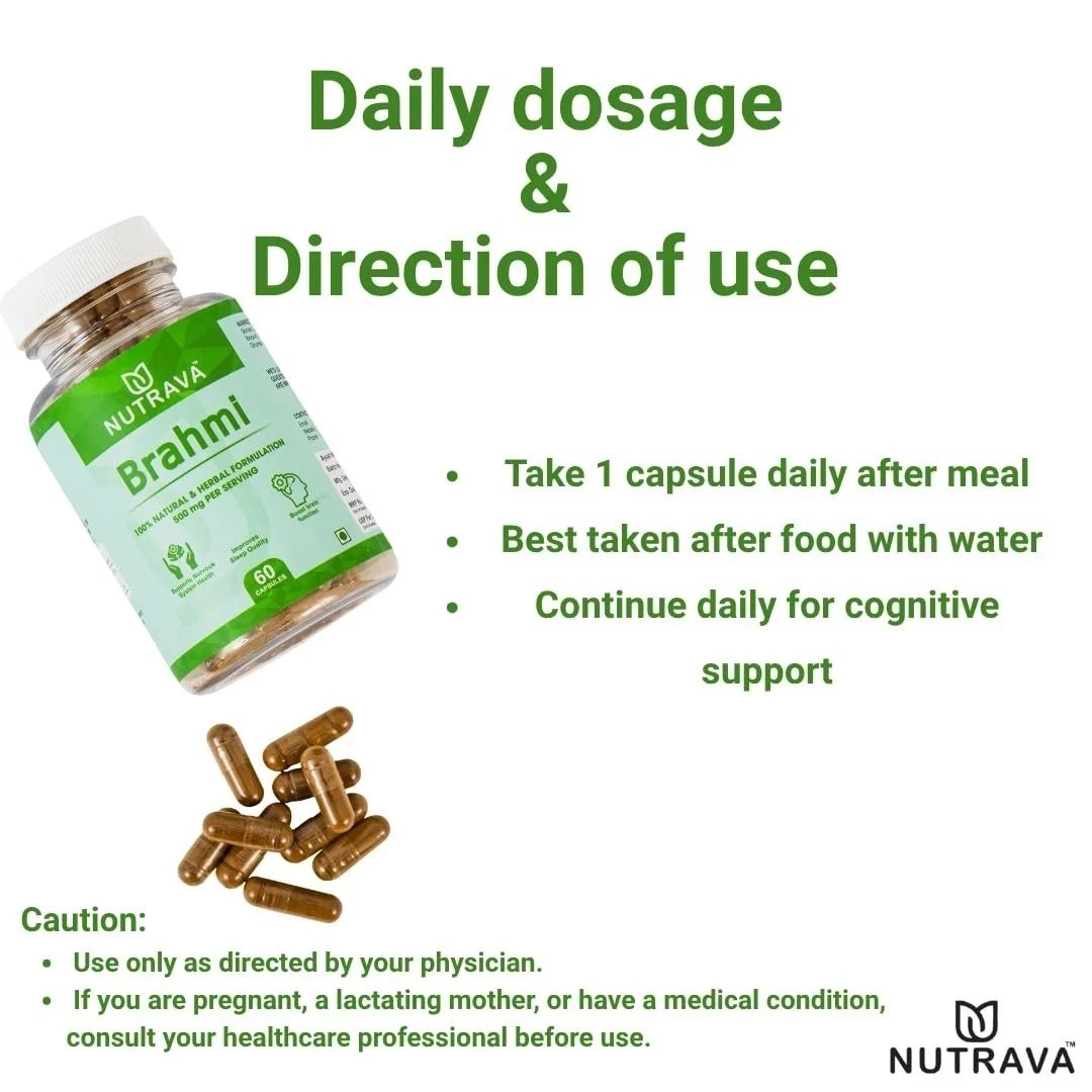 Nutrava Brahmi Capsules 500mg Ayurvedic Brain Tonic for Focus, Memory For Unisex