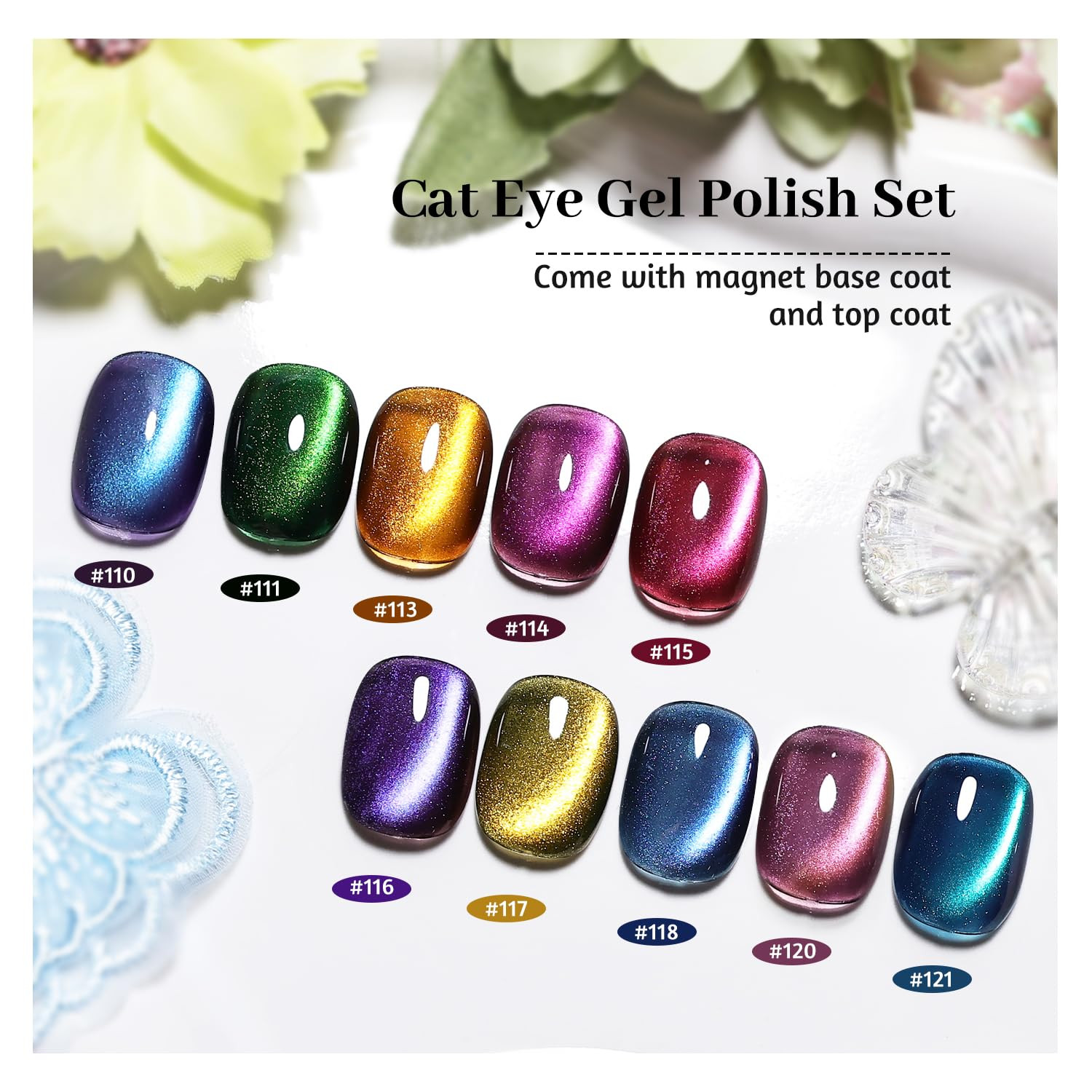 Cat Eye Gel Nail Polish 10 Colors Blue Green Red with Base Coat Top Coat Magnet