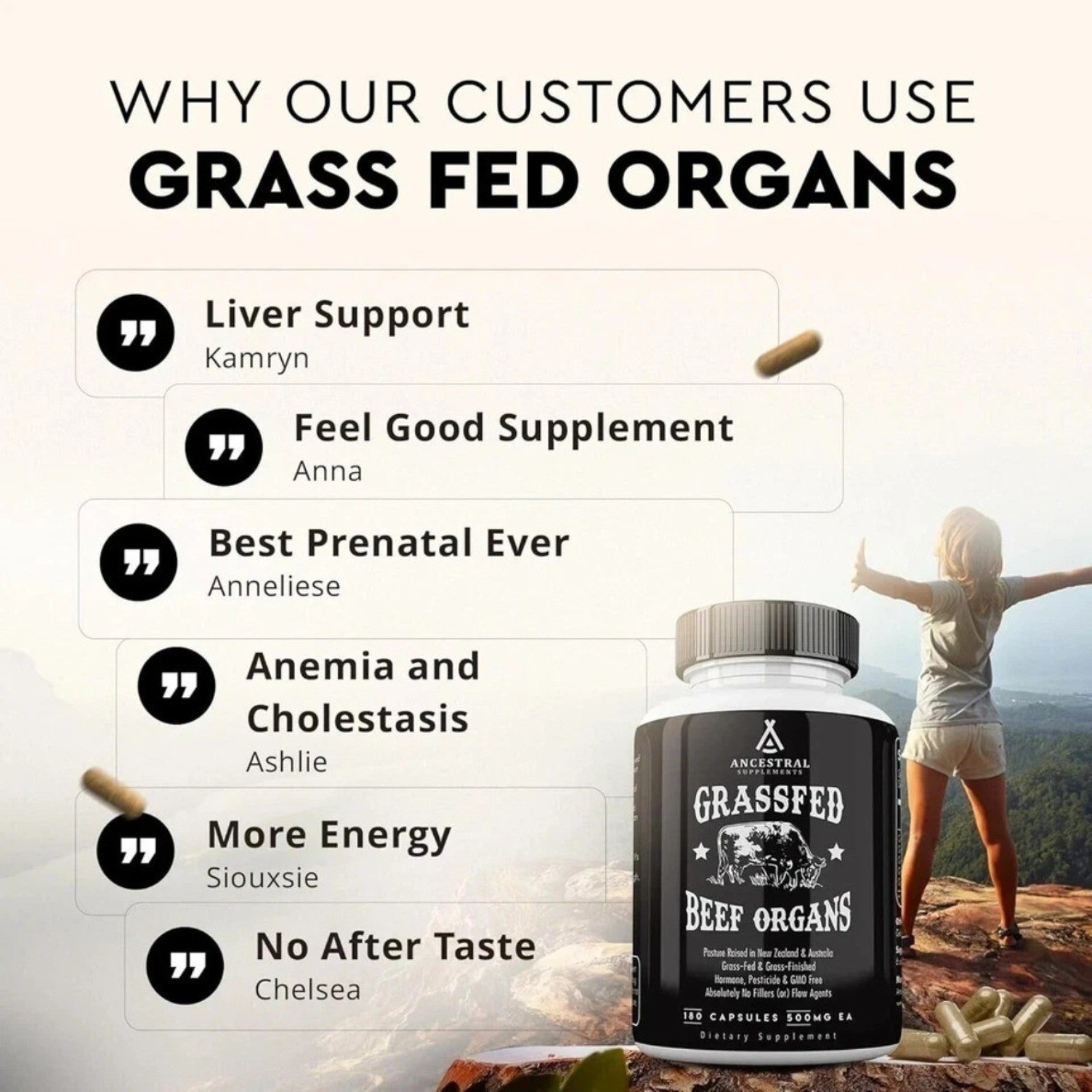 Premium new Ancestral Supplements Grass Fed Beef Organ Supplement 180 Capsules
