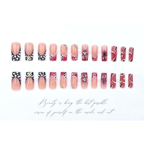 Press on Nails Long Square Fake Nails Pink French Tips False Nails C-37Pink