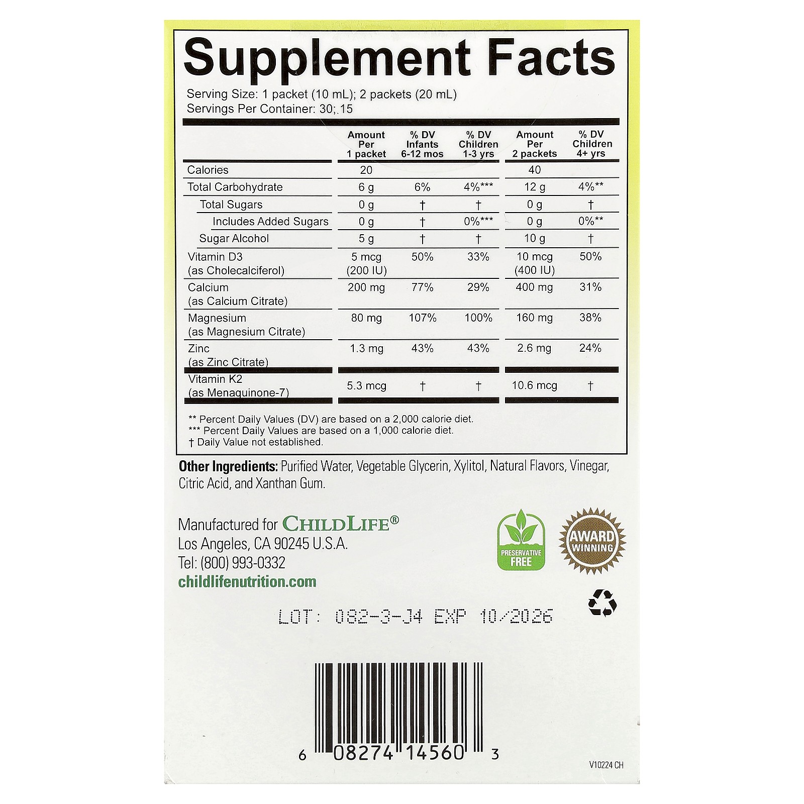 Liquid Calcium with Magnesium Plus K2 & D3, Natural Orange, 30 Packet, 0.34 fl