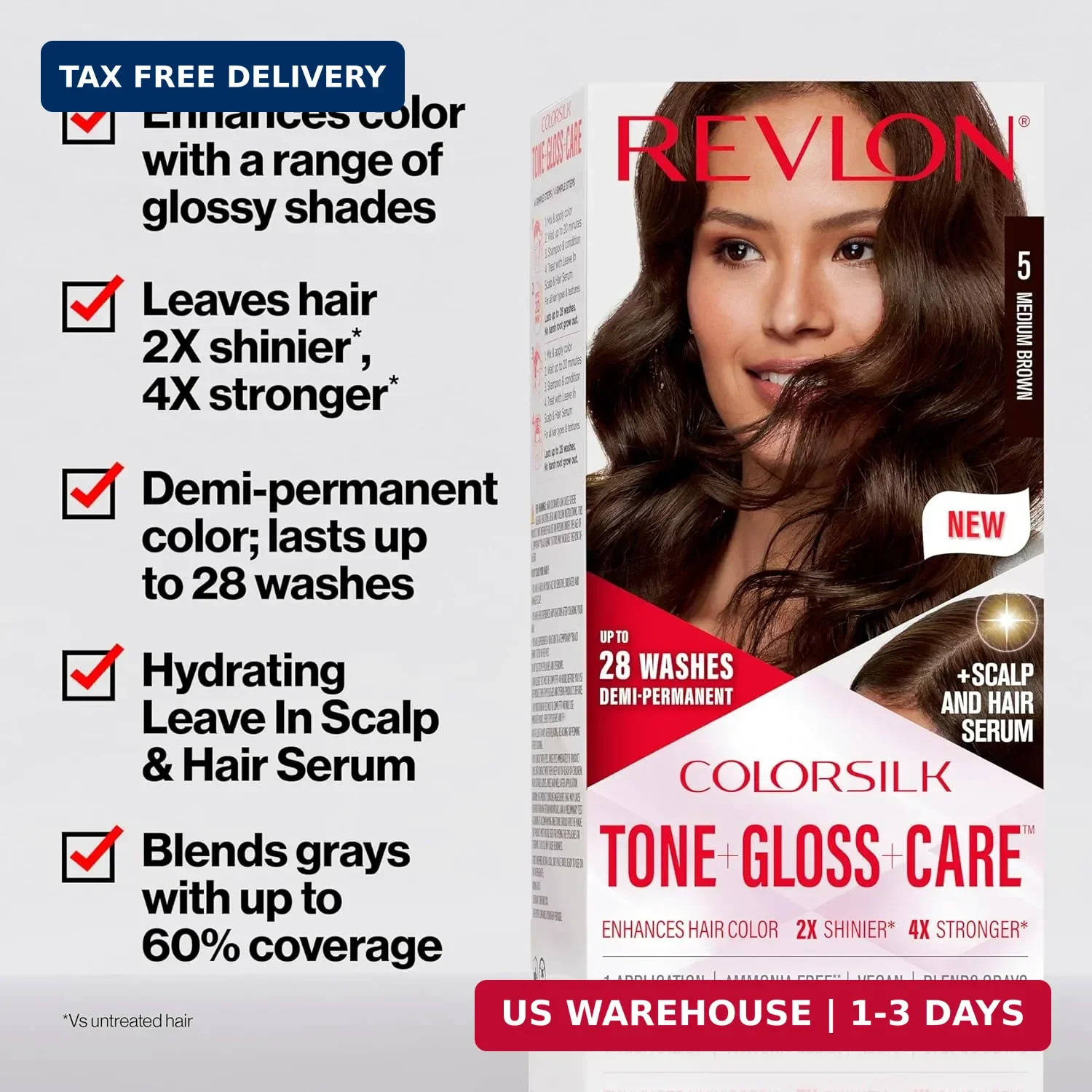 Revlon ColorSilk Tone + Gloss + Care Demi Permanent Hair Color, Dye Kit with Lea