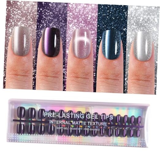 150Pcs Cat Eye Press on Nails Short Square, Plauva Soft Cat Eye-2 Short Square