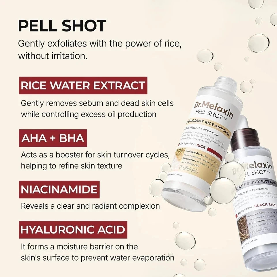 Dr.Melaxin Black & White Rice Peel Shot Ampoule, Gentle Acid Exfoliating Duo