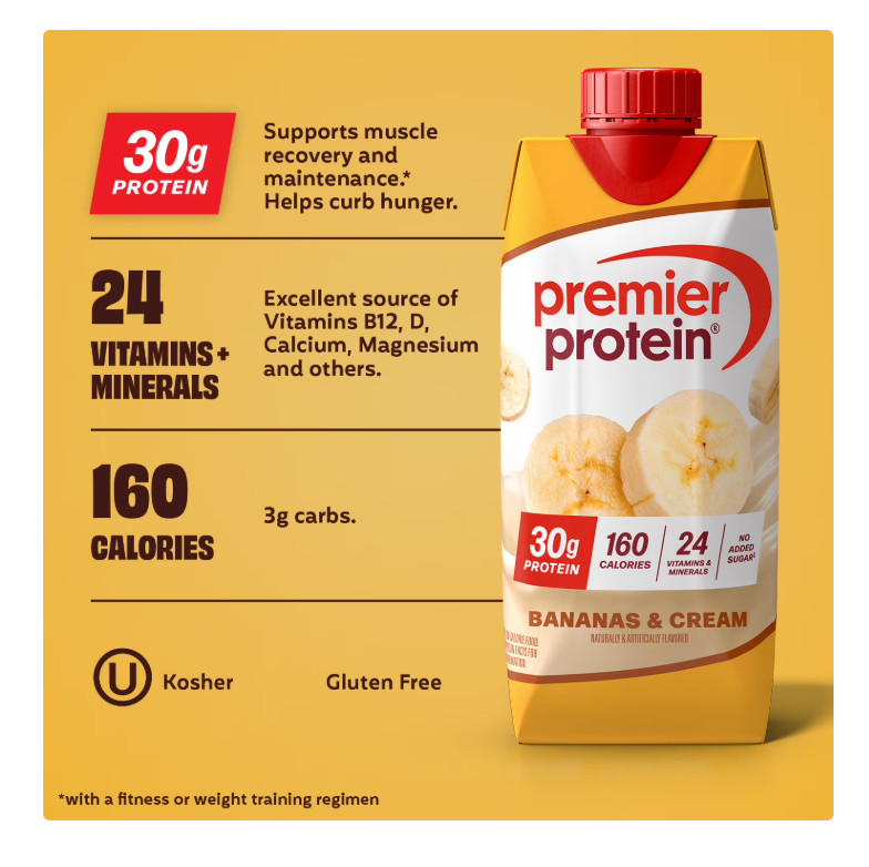 Premier Protein Shake, Bananas & Cream, 30g Protein, 11.5 fl oz, 12 Ct