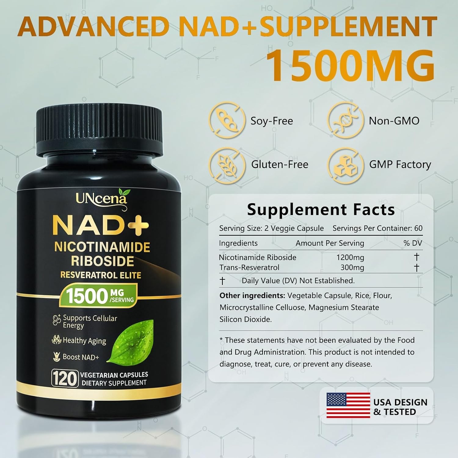 UNcena NAD+ Supplement 1500mg Liposomal Nicotinamide Riboside Resveratrol 120 Ca