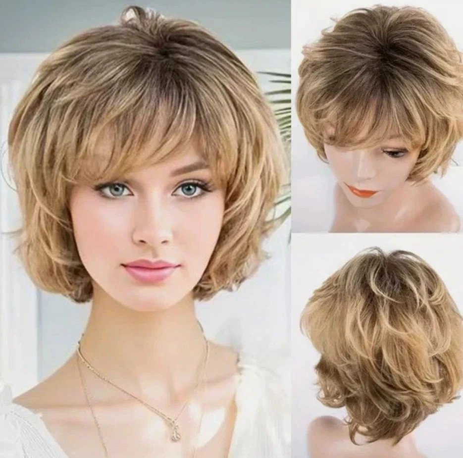 Blonde Mix Wavy Short Fluffy Rooted Synthetic Hair Wigs Women Soft Natural Daily