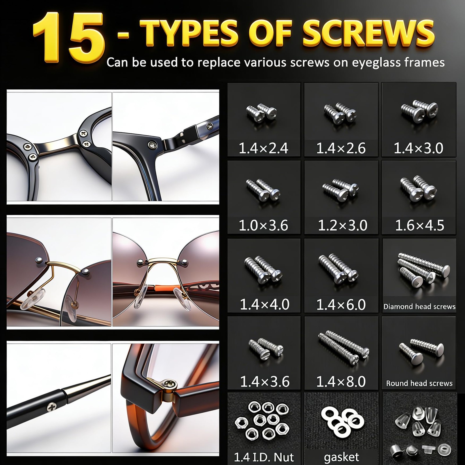 PTSLKHN Eyeglass Repair Kit with Screws, 15 Types Screws for Eyeglasses Fram…