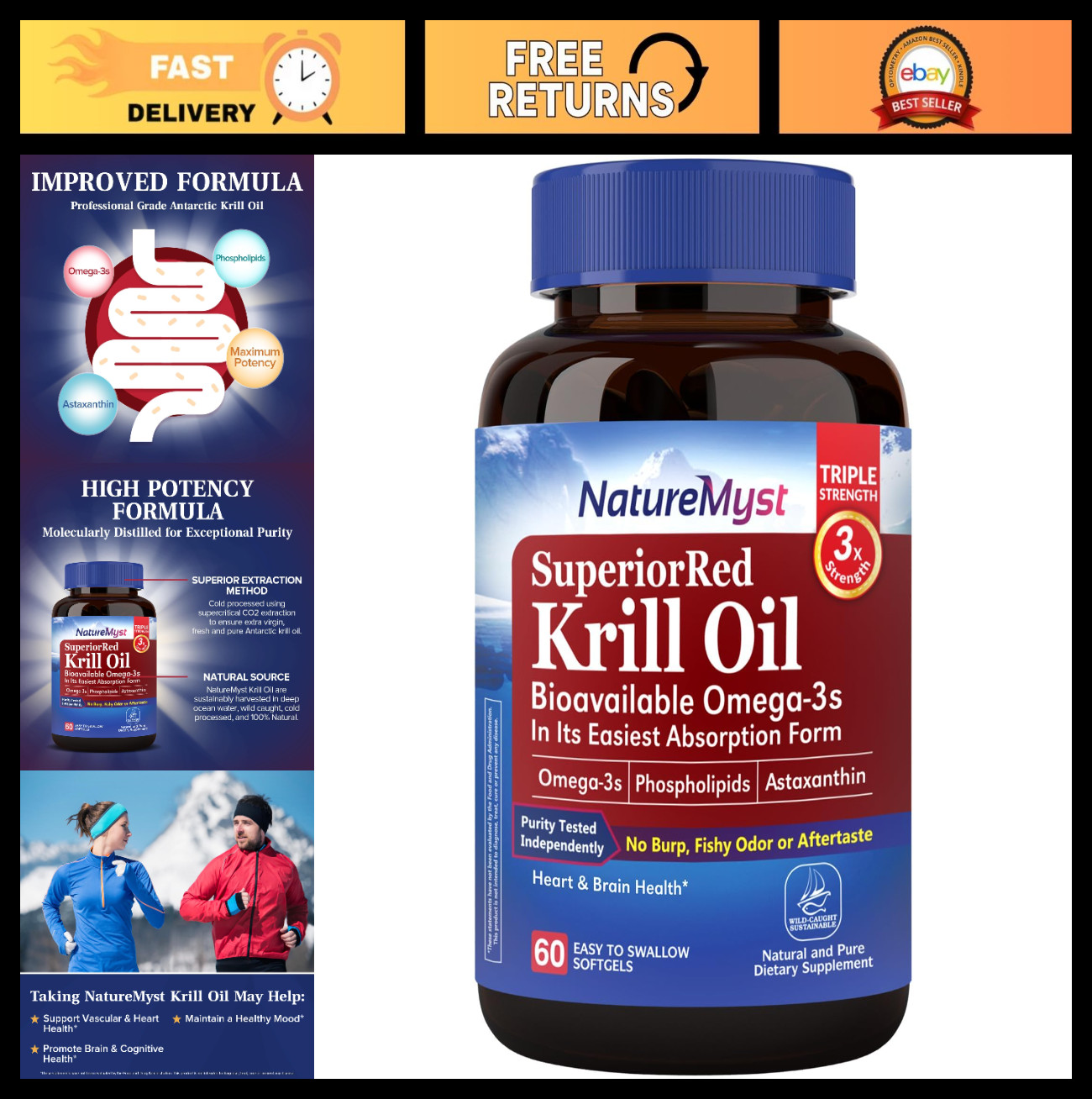 Premium Krill Oil 1000mg Softgels – Omega-3 EPA DHA, Astaxanthin, Non-GMO, 60 Co
