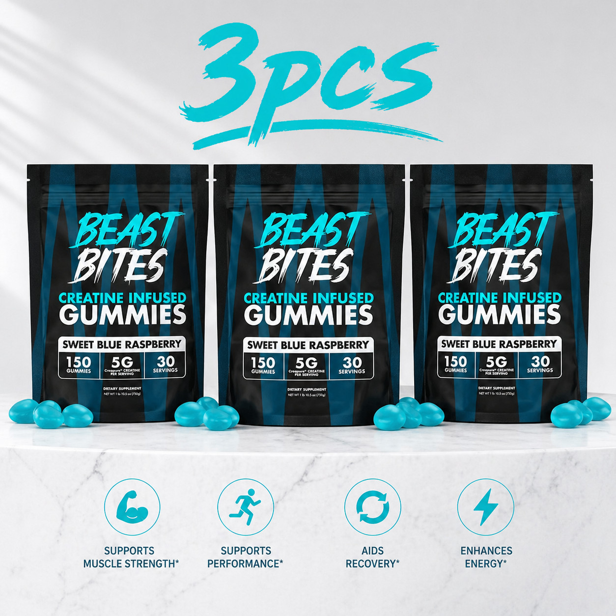 3 PACKS-Beast Bites Creatine Infused Gummies Sweet Blue Raspberry – 30 Servings
