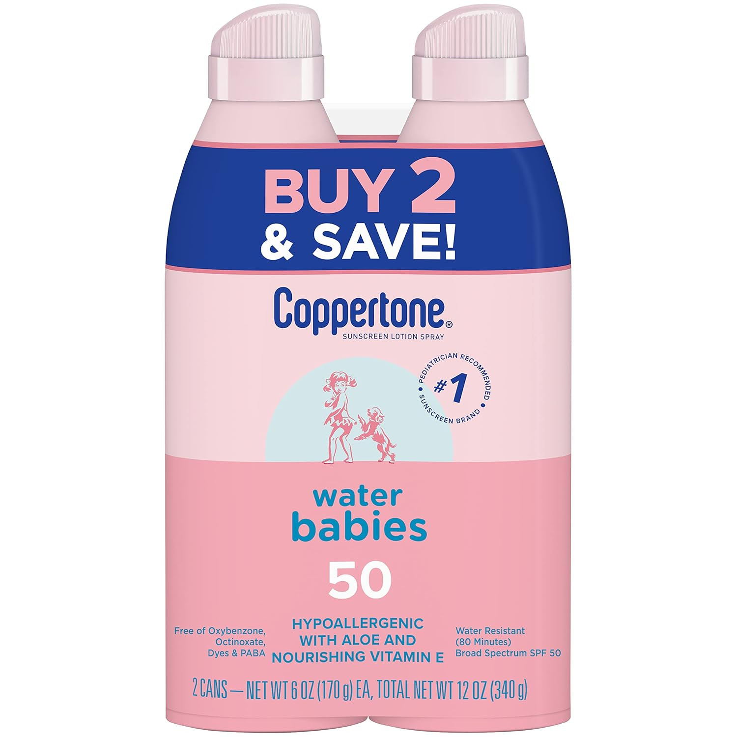 Waterbabies Sunscreen Spray SPF 50 for Babies, Water Resistant, 6 Oz, Pack of 2