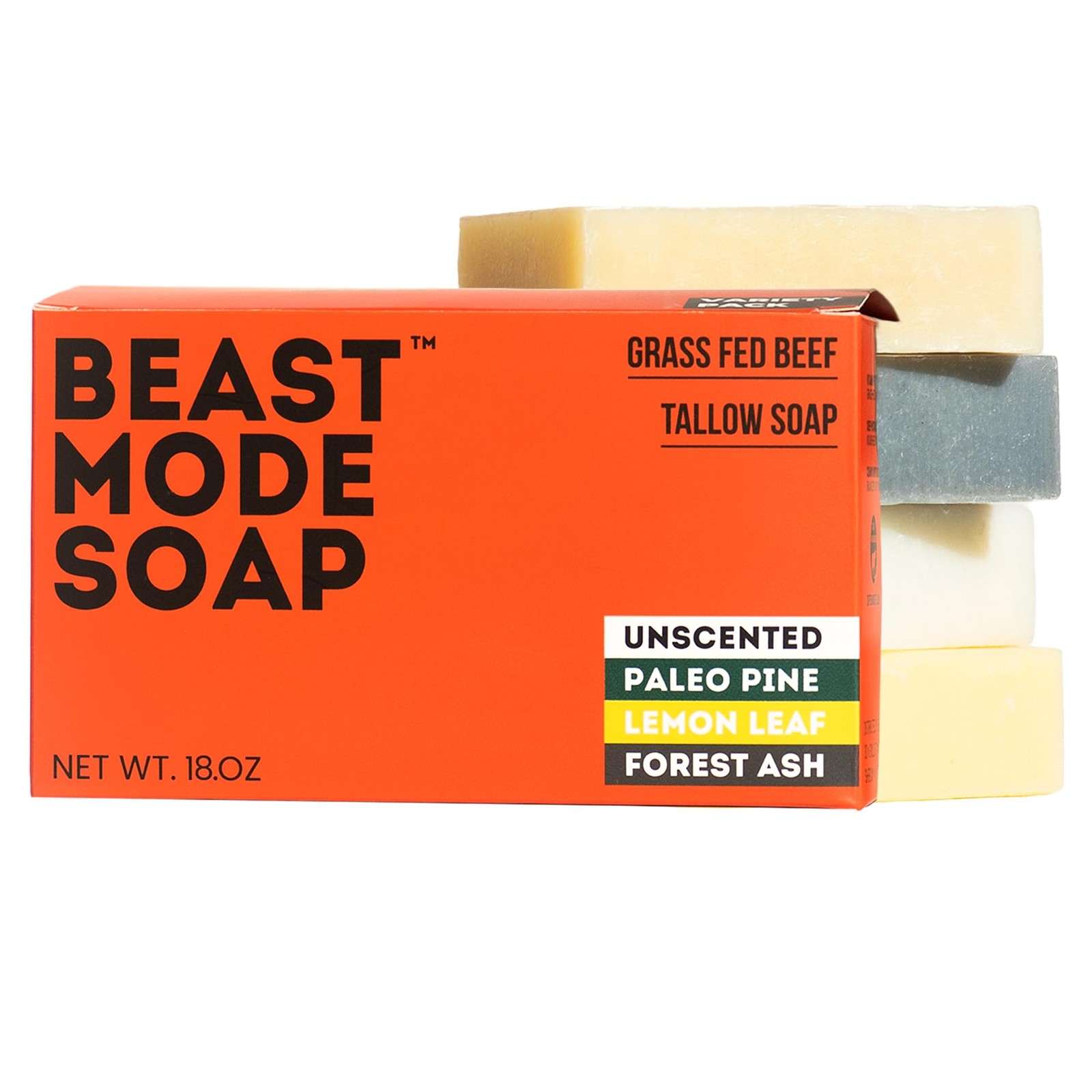Beast Mode Soap For Men 4-Bar Variety Pack Natural Grass-Fed Tallow Bar Soap