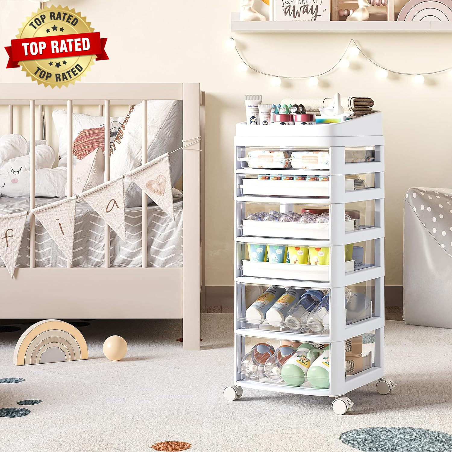 Rolling Cart with 6 Drawers, Clear Plastic Drawer Organizers, Dust Proof under D