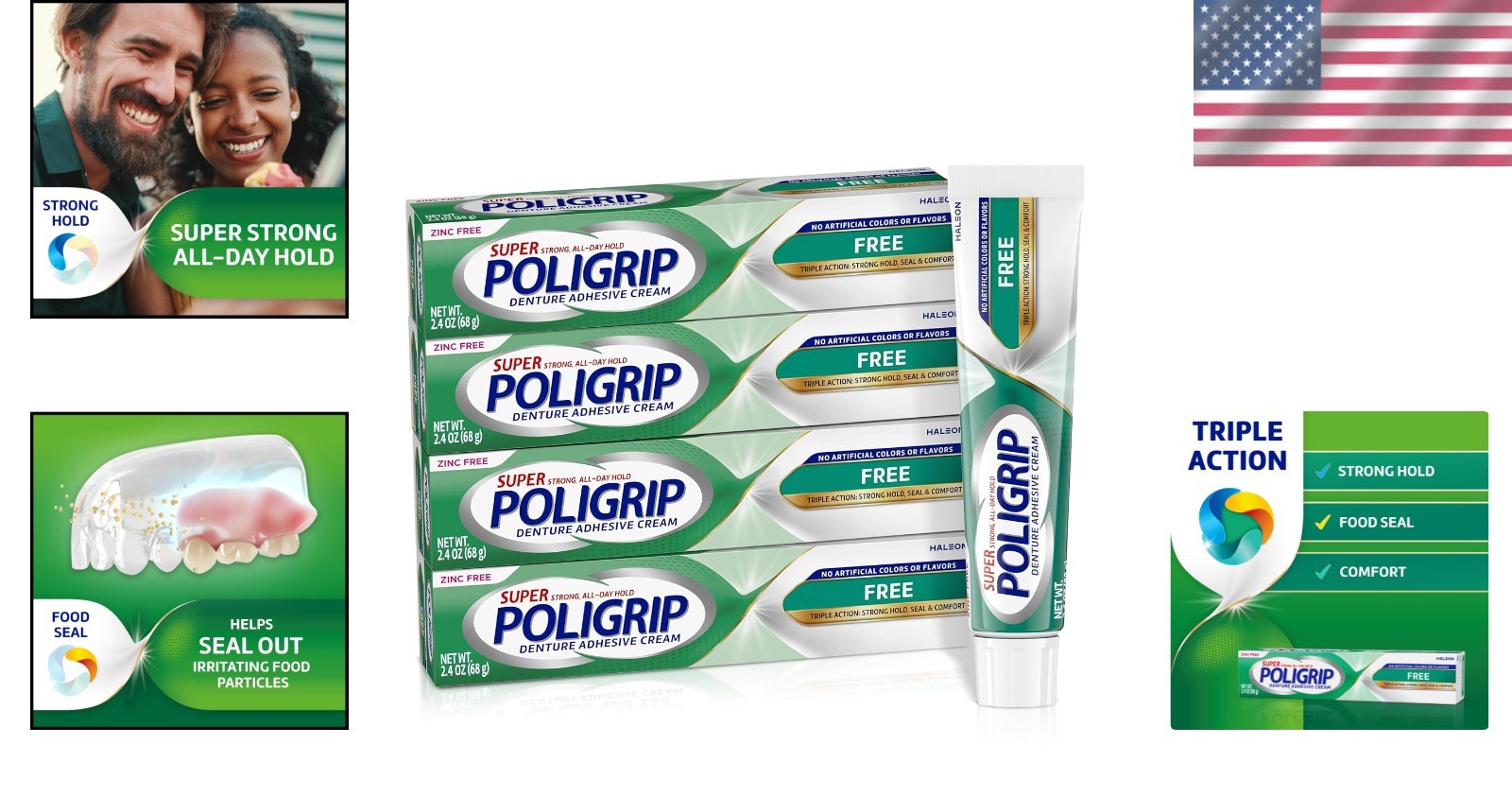 Poligrip Free Denture Adhesive Cream – Strong Hold & Comfort, 2.4 Oz (4 Count)