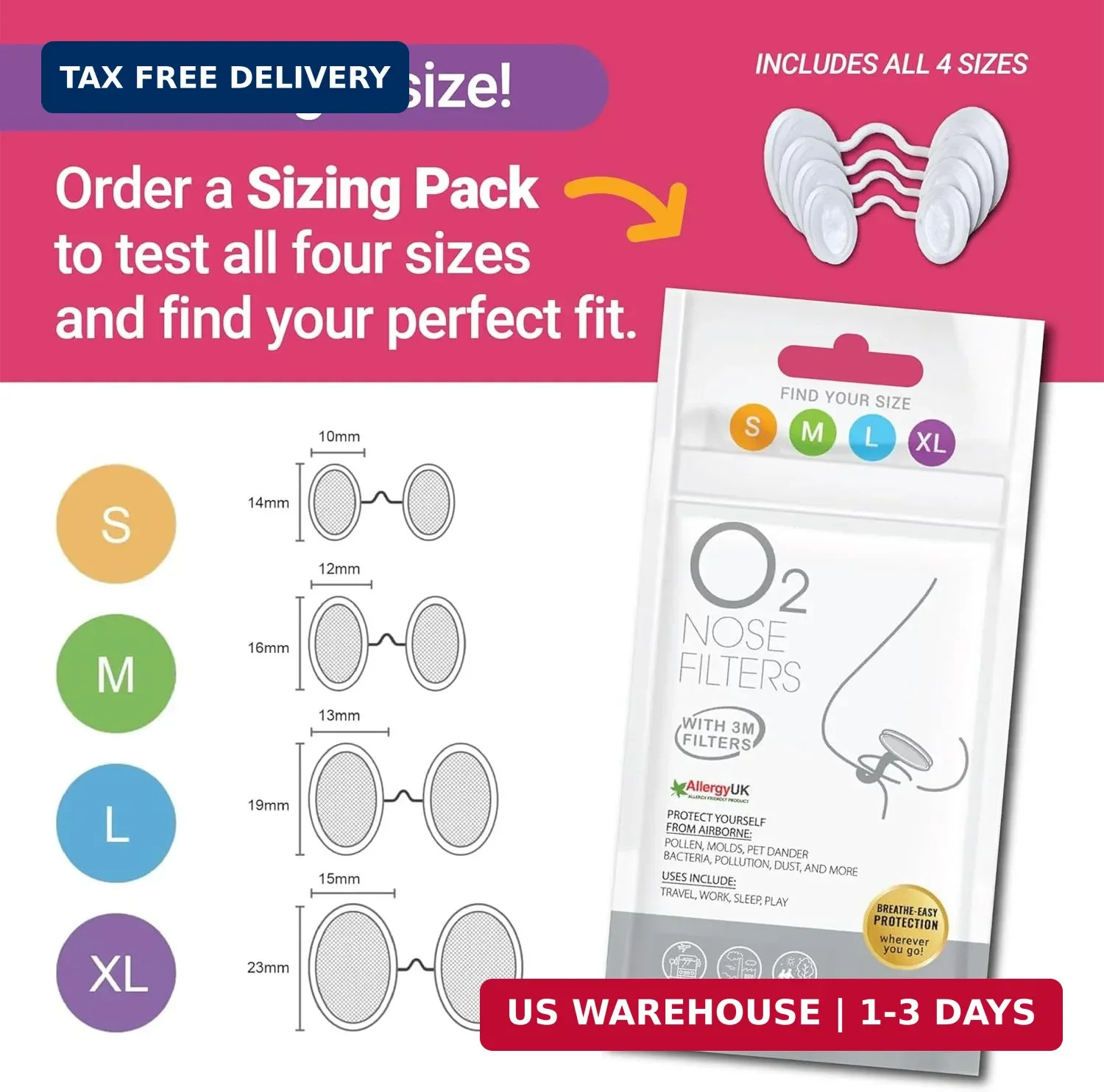 O2 Nose Filters with 3M Filtration – Nasal Screens for Allergies, Dust & Smoke –