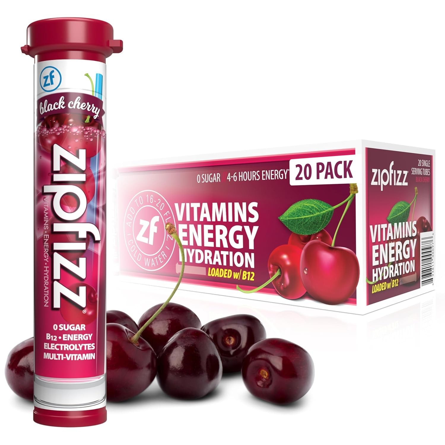 Zipfizz Daily Energy Drink Powder, Black Cherry, 20 Pack 3-in-1 Sustained Energ