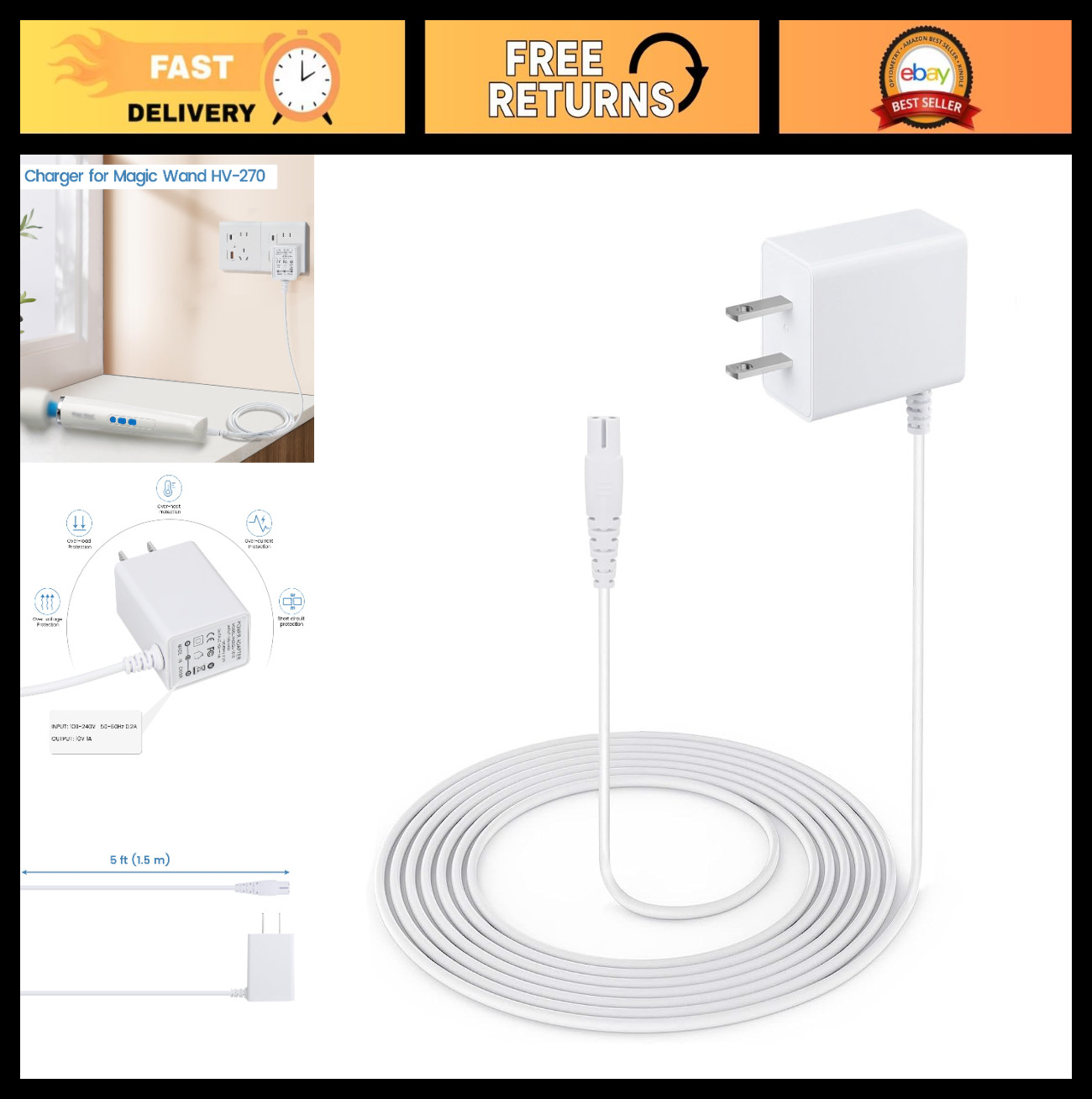 Rechargeable Charger Cord for Magic Wand, Power Adapter & Charging Cable – HV-27