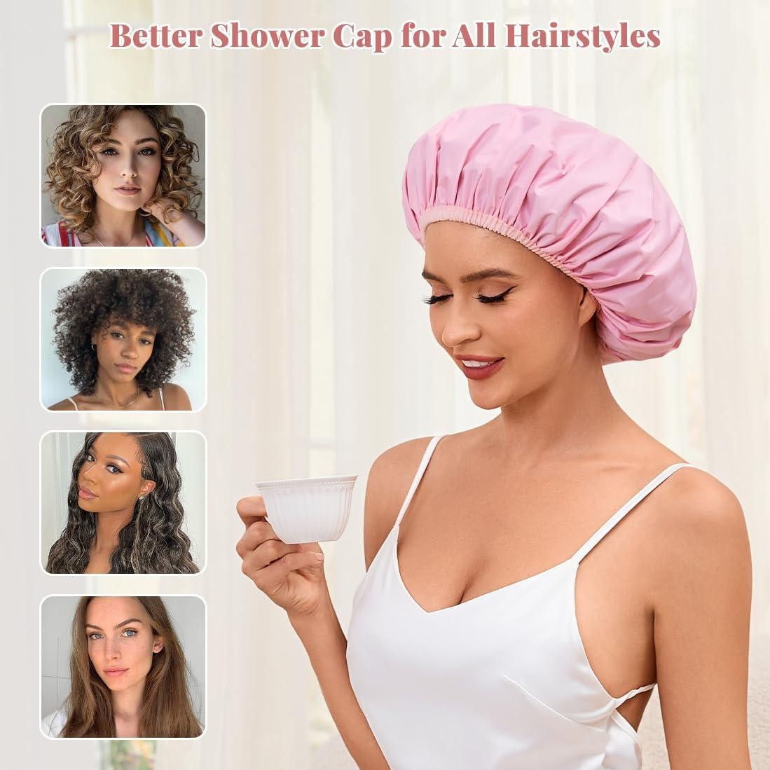 Shower Cap for Women Waterproof Reusable, Large Shower Cap Non-Slip