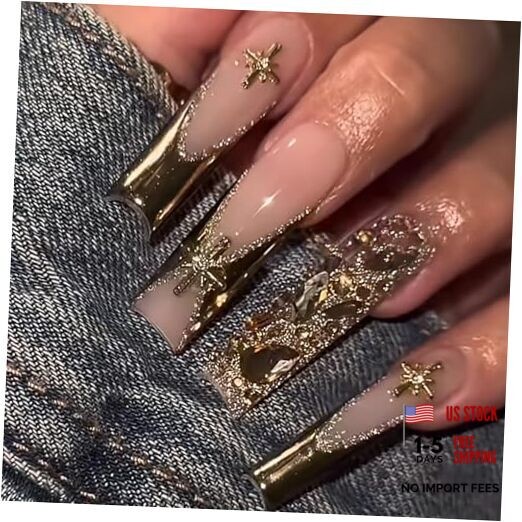 Press on Nails, Extra Long Square Fake Nails, Gold Chrome French Tip, FNP03-05