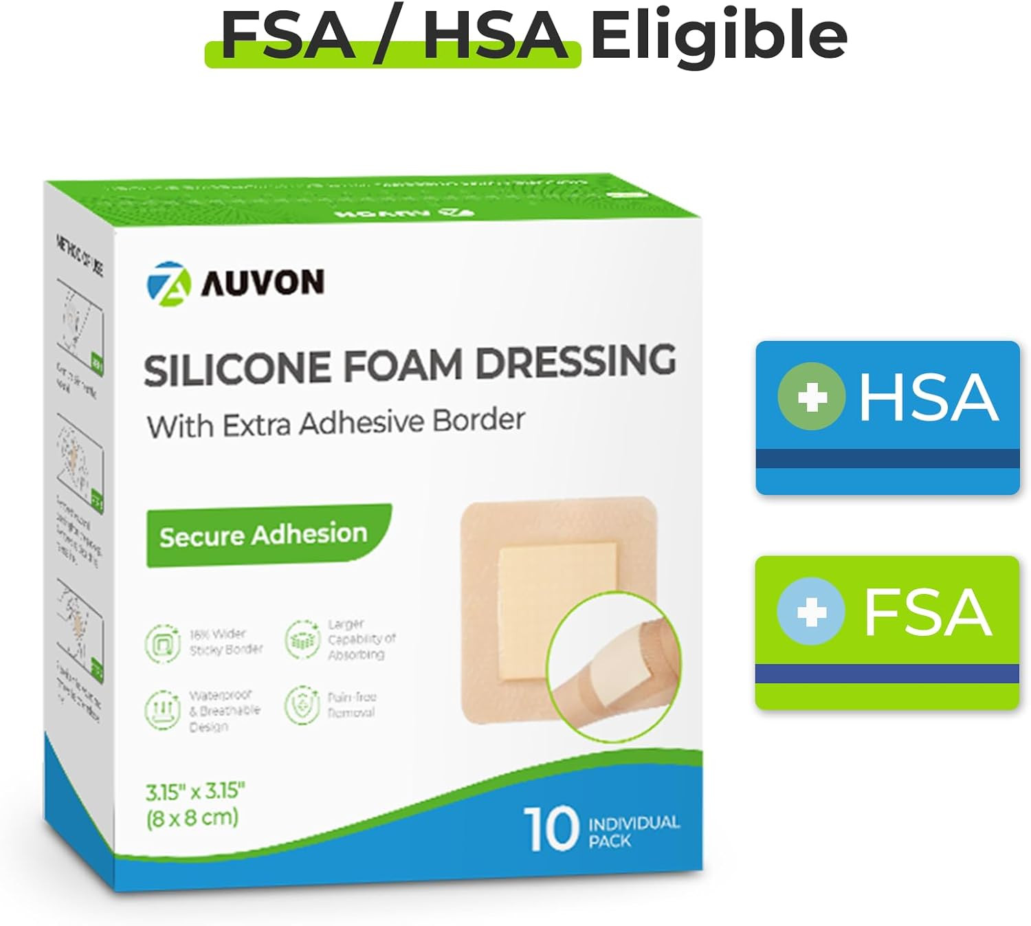 Silicone Foam Dressing with Large Adhesive Border, 3″ X 3″ 10 Packs Wound Dressi