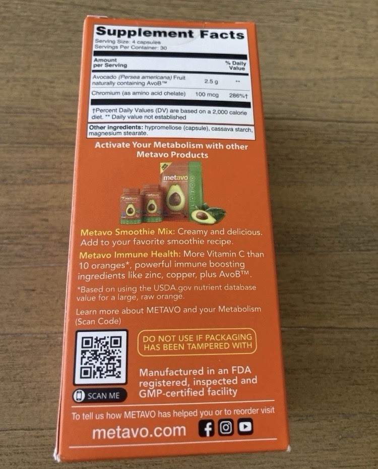 Metavo Metabolism Booster Natural Support Avocado 120 Count Exp: 10-2025 Sealed