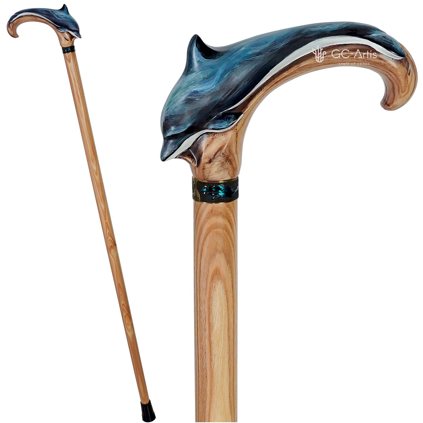 Dolphin Wooden Walking cane stick light Wood Carved Handpainted Cool Sea style